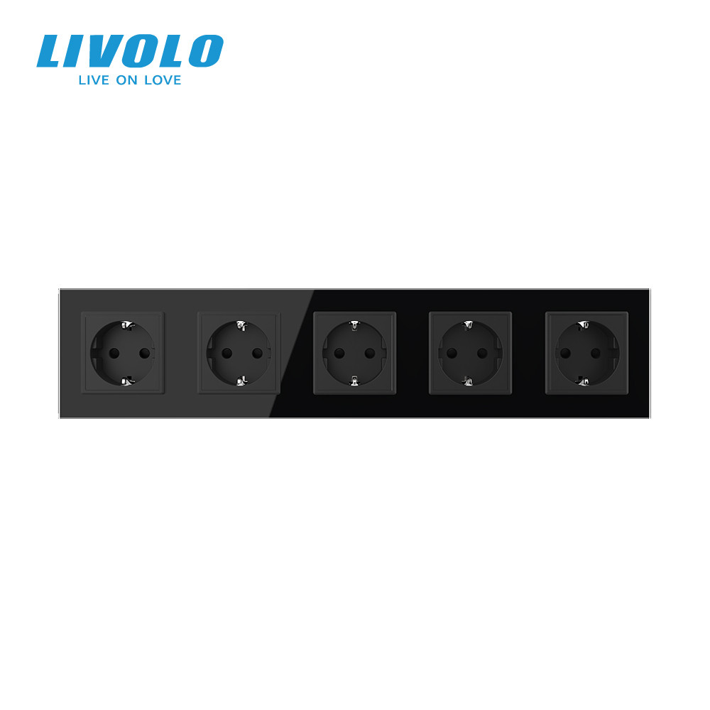 LIVOLO П’ятимісна електрична розетка з заземленням LIVOLO, чорна, скляна матова рамка, шторки, Коломия - фото 10