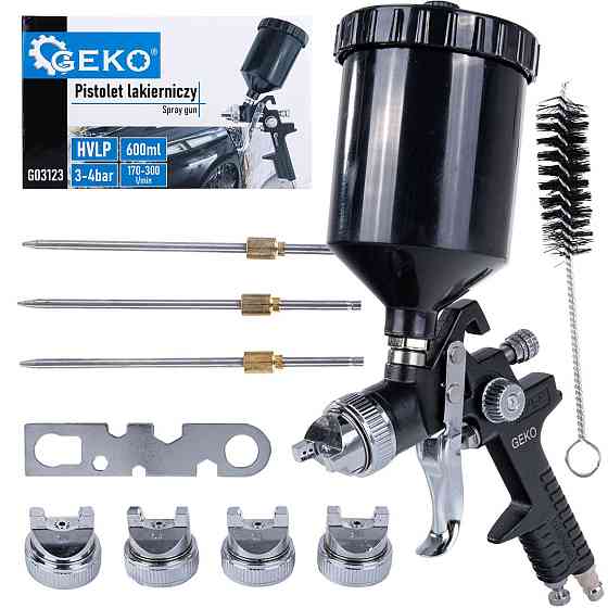 Пульверизатор "GeKo" професійний HVLP з чотирма соплами (1,3; 1,4; 1,7; 2,0 мм), бачок верхній 600 мл Стрый