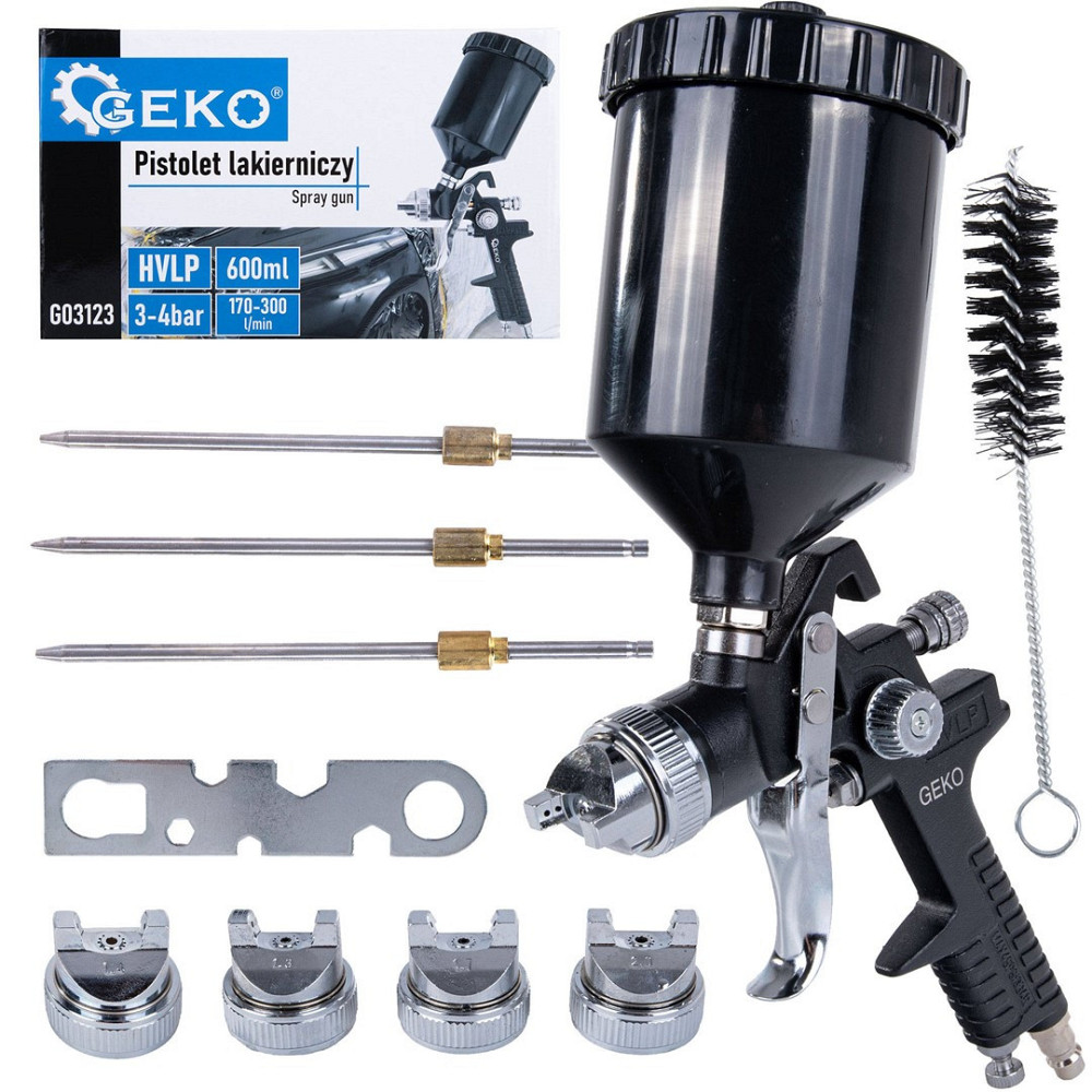 Пульверизатор "GeKo" професійний HVLP з чотирма соплами (1,3; 1,4; 1,7; 2,0 мм), бачок верхній 600 мл Стрий - фото 1