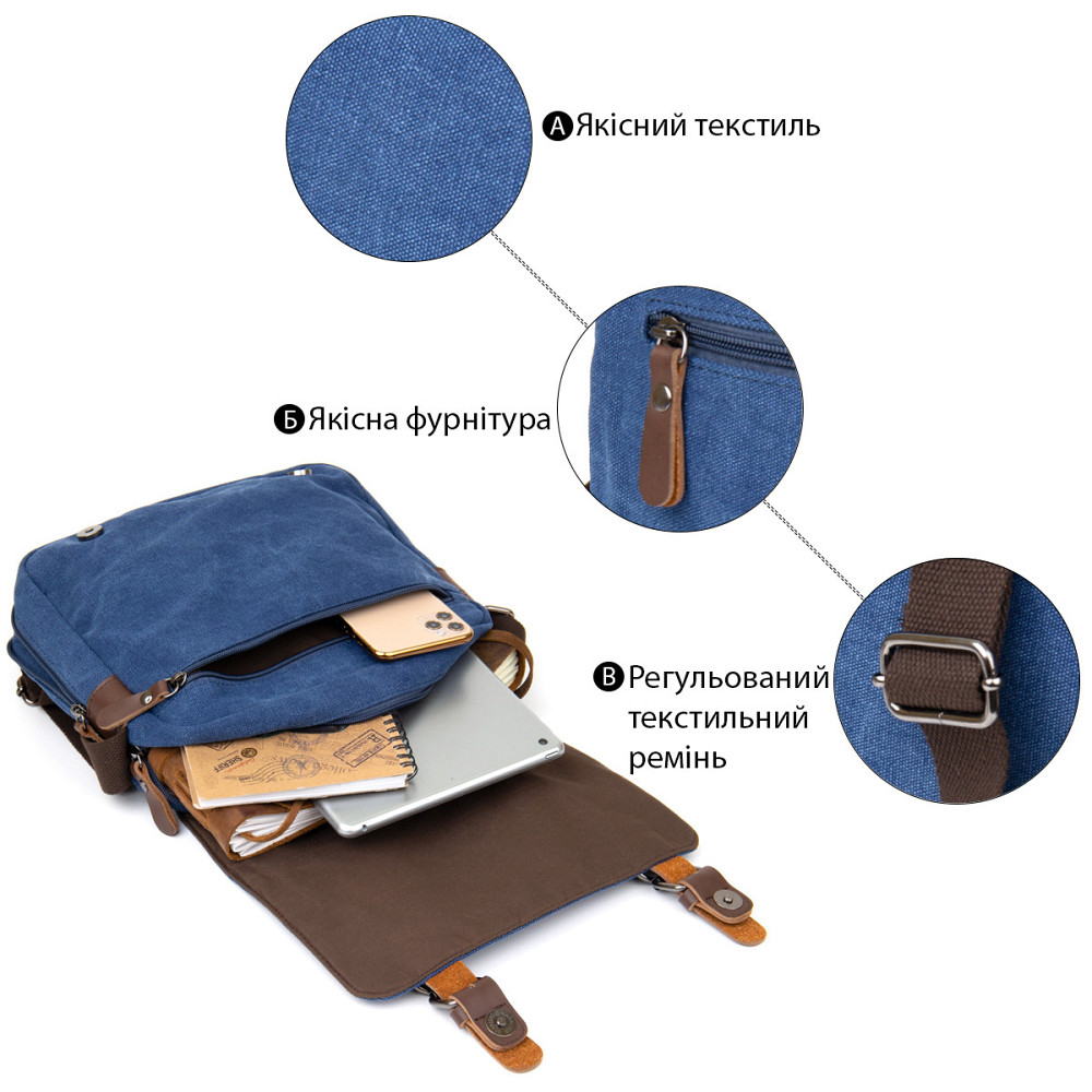 Сумка почтальонка текстильна Vintage 20606 Синя Київ - фото 5