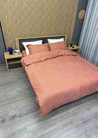 Комплект постельного белья Страйп-сатин Евро 200х230 с простыней на резинке Терракотовый (88-095) Киев