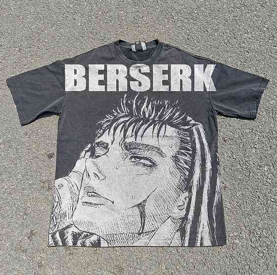 Футболка чоловіча з принтом аніме Берсерк Гутс Ред Прінт оверсайз (S/M/L) Черний Дніпро