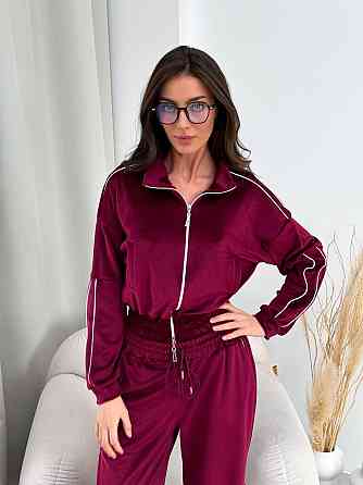 Женский повседневный велюровый костюм двойка: кофта и брюки Бордовый, 48/52 Одесса