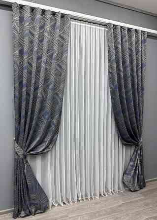Комплект готовых штор VR-Textil Жаккард Mystery № 1627ш Серый с темно-синим 150х290 см 2 шт (33-0474) Киев