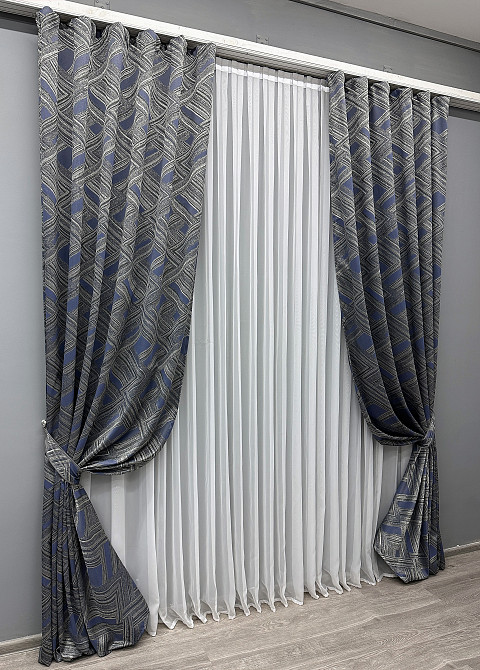 Комплект готовых штор VR-Textil Жаккард Mystery № 1627ш Серый с темно-синим 150х290 см 2 шт (33-0474) Киев - изображение 3