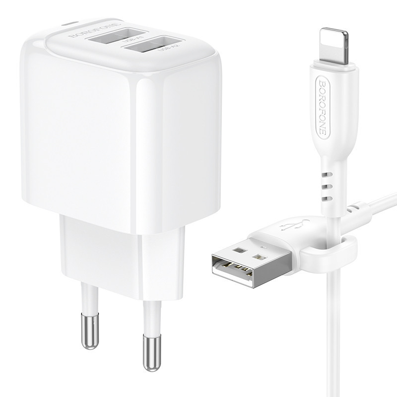 Сетевое зарядное устройство с кабелем BOROFONE BAS41A Potential dual-port charger set (iP) White Киев - изображение 4