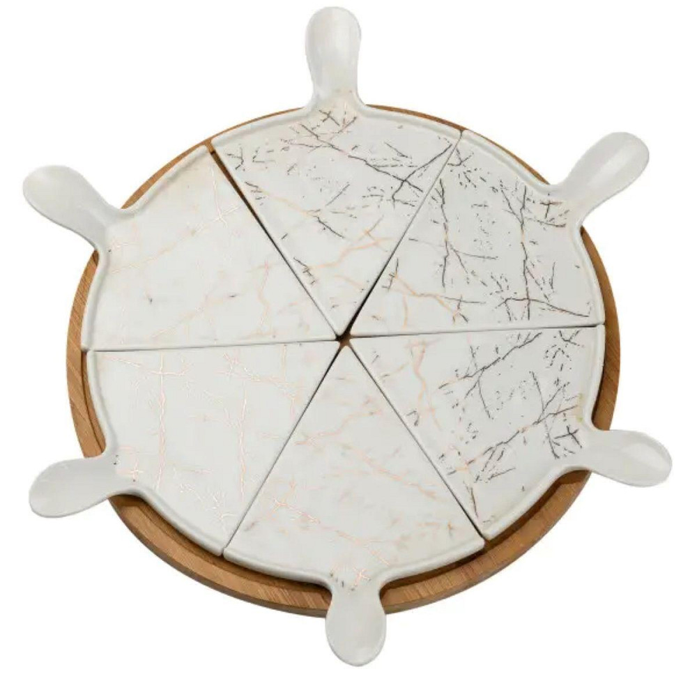 Тарелка для пиццы 28 см фарфоровая с бамбуковой вращающейся подставкой, секционная HP1213 Киев - изображение 1