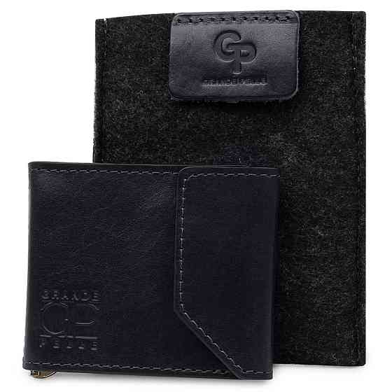 Кожаный мужской зажим для денег на магните Синий (GRANDE PELLE) Киев