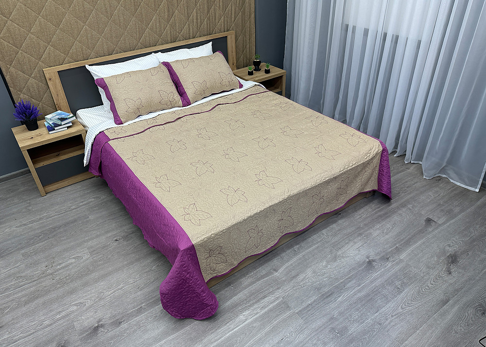 Покривало стьобане з наволочками Expo Trade листя 220x220 (+-10 см) бежевий з пурпуровим (85-147) Київ - фото 2