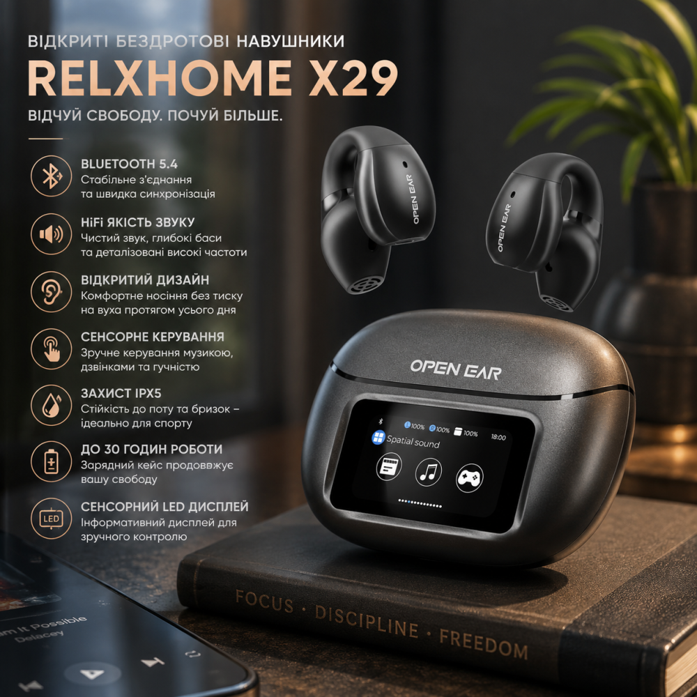 Відкриті бездротові навушники Relxhome X29 Bluetooth 5.4, HiFi, IPX5, сенсорний LED-дисплей, чорні Київ - фото 9