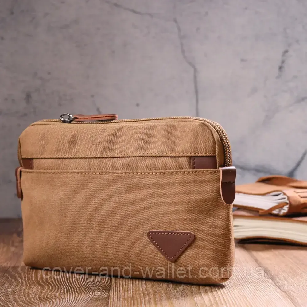 Удобная мужская текстильная барсетка на молнии коричневого цвета Puos Киев - изображение 8