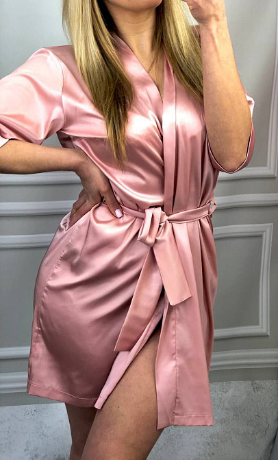 Халат женский шелковый под пояс Пудровый S Харьков - изображение 4