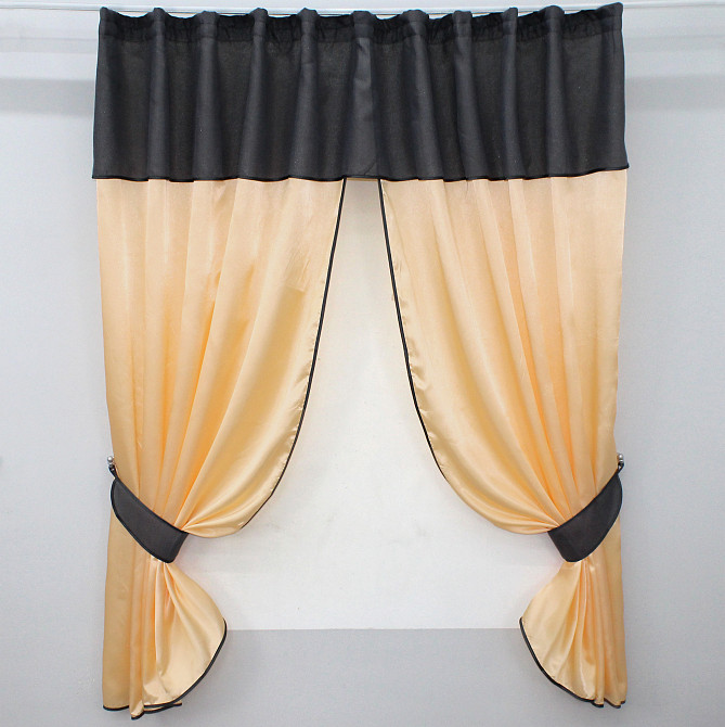 Кухонные шторы VR-Textil № 073к с ламбрекеном и подхватами персиковый с графитовым 270х170 см (52-0199) Киев - изображение 1