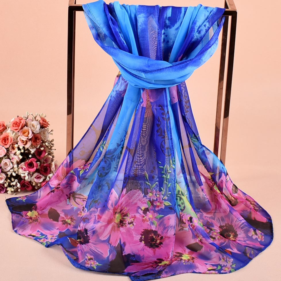 Женский шарф с принтом цветов шифоновый 150 на 48 см сине-розовый Киев - изображение 1