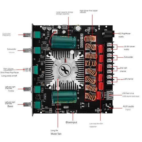 Аудіо підсилювач для колонок потужність звуку 2.1 2x220Вт + 350Вт Bluetooth 5.1 YS-S350H TD5165A AUX USB Київ - фото 4
