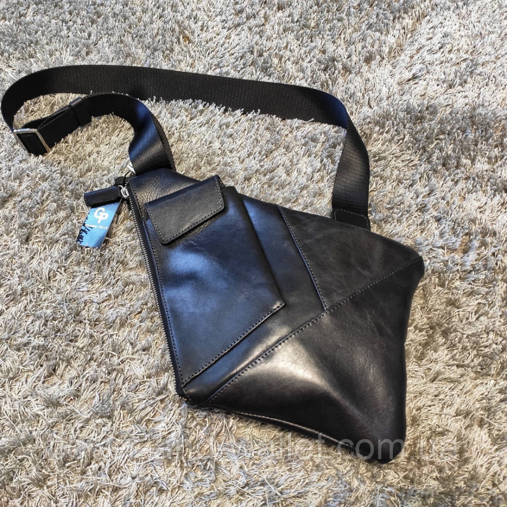 Мужская нагрудная сумка-слинг черного цвета из итальянской кожи Grande Pelle 721610 Киев - изображение 18