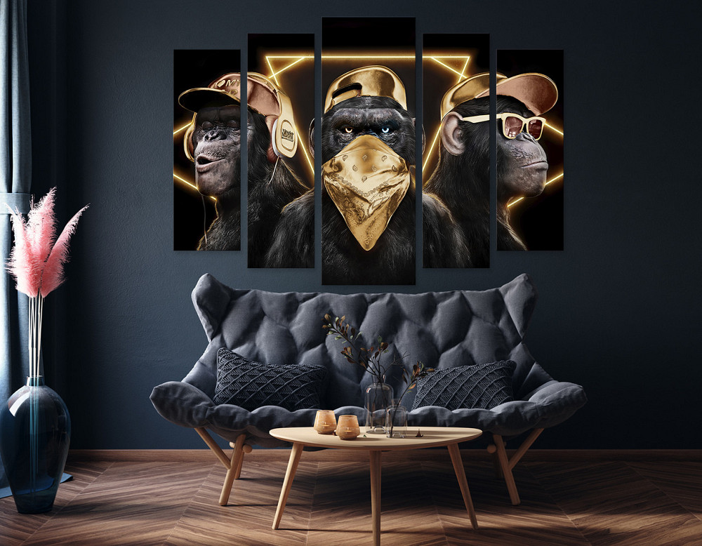 Модульная картина в гостиную / спальню Три мудрые обезьяны (Golden Gangster Monkeys) Art-483_5 ( 80х118см ) Киев - изображение 2