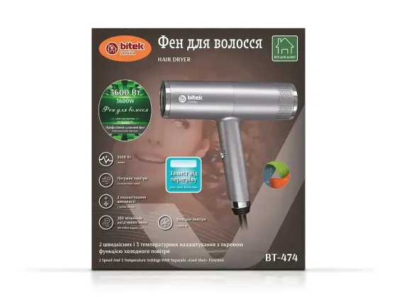 Фен для волос 3600Вт BITEK BT-474, холодный обдув, 2 скорости,3 температуры, бережная сушка волос до Киев