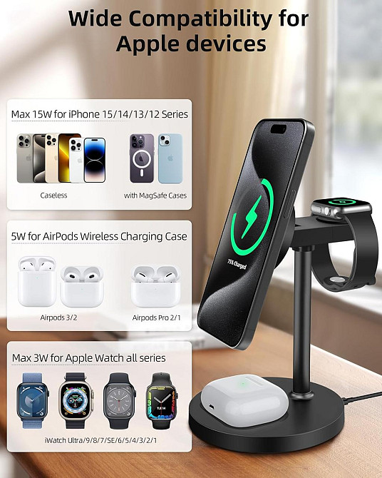 Беспроводная зарядка 3-в-1 для iPhone, Apple Watch, AirPods магнитная зарядная станция MagSafe 20W алюминиевая Киев - изображение 10