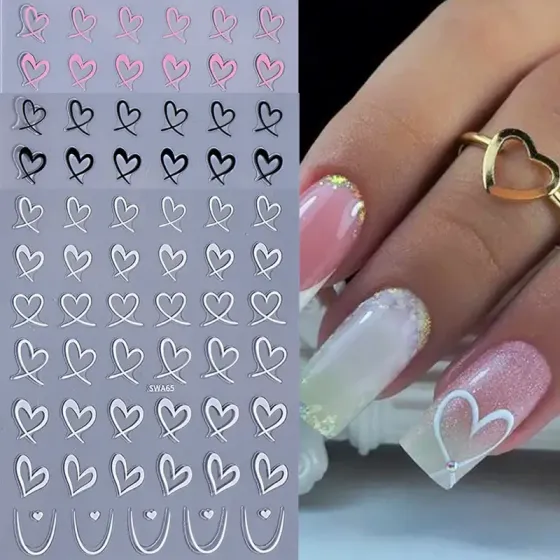 Стикеры для ногтей сердца 3D – 3 листа, черные, белые, розовые Киев