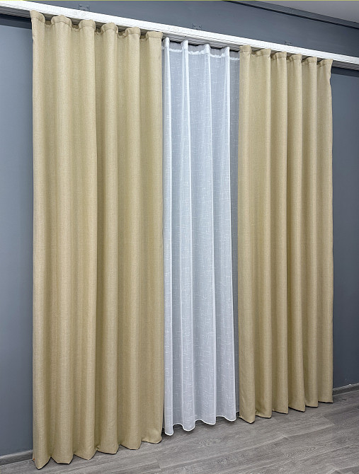 Комплект штор VR-Textil Лен Мешковина 100х270 2шт и Тюль 400х270 114ш-115т Бежевый с белым 71-022/2 Киев - изображение 3