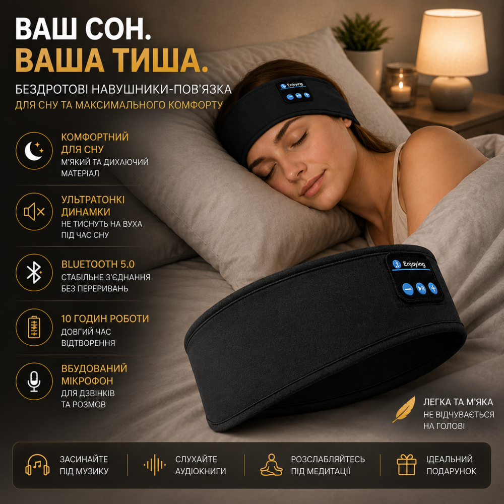Бездротові Bluetooth навушники-пов'язка для сну та спорту з мікрофоном SleepBand BT 5.0, 10 годин роботи, Чорна Київ - фото 1