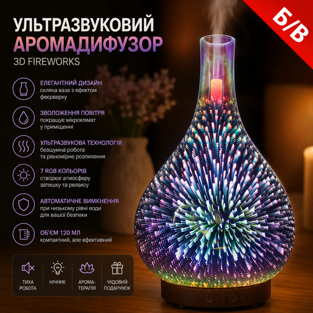 Б/в Ультразвуковий аромадифузор-зволожувач повітря 3D Fireworks 120 мл скляна ваза-нічник з ефектом феєрверку Київ - фото 7