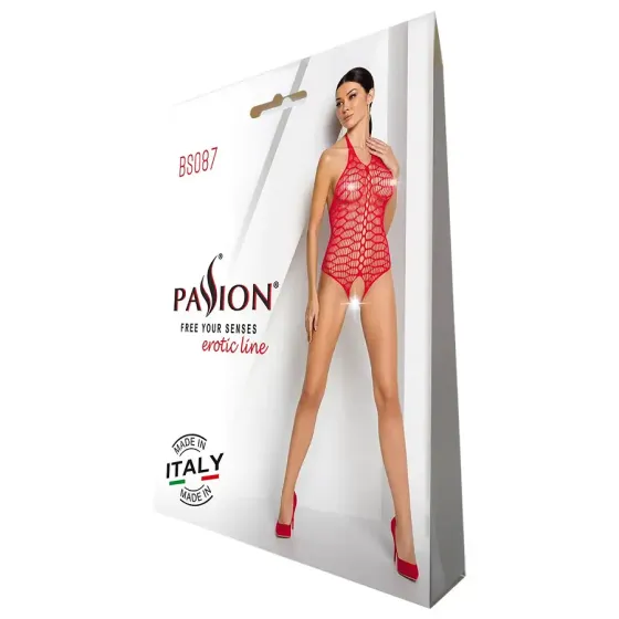 Бодістокінг у велику сітку Passion BS087 red, відкрита спина, халтер, з доступом Львів
