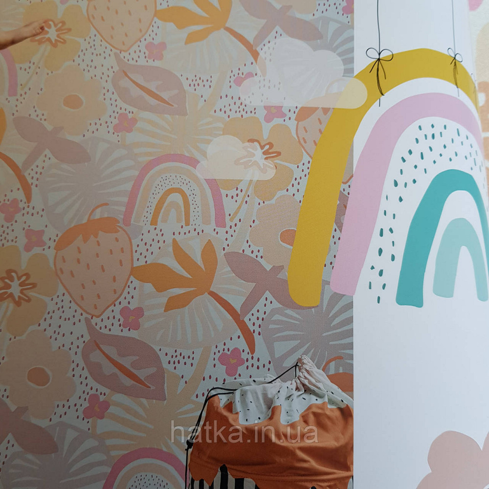 Флізелінові шпалери дитячі BN Doodleedo 0,53 х 10 м полуниця квіти листя веселка червоні зелені блакитні Київ - фото 2