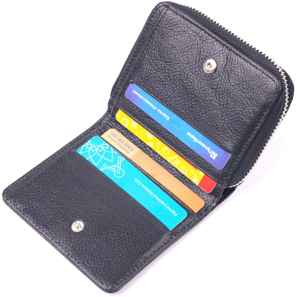 Лакированный кошелек для женщин с монетницей на молнии из натуральной фактурной кожи KARYA 21411 Черный Киев - изображение 5