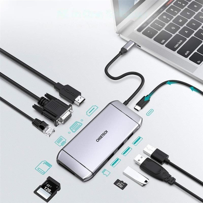 Концентратор Choetech HUB-M15 9 in 1 USB-C Multiport Adapter Сірий Харків - фото 2