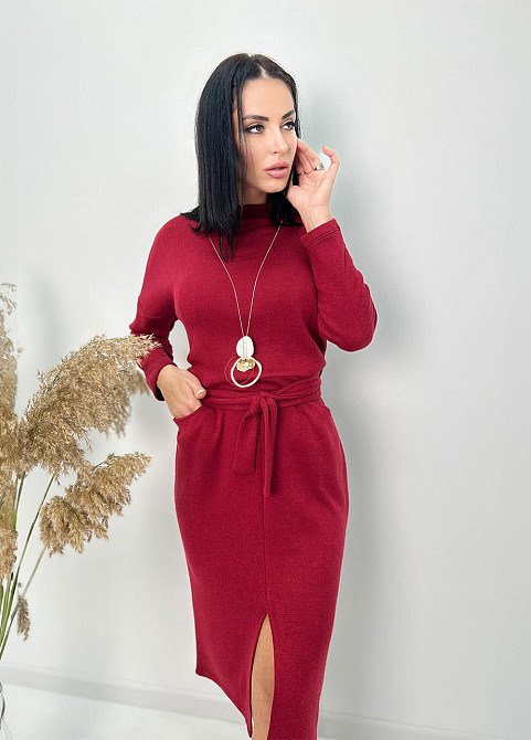 Довга ангорова сукня з поясом "Juliette" оптом | Норма і батал 42-44, Бордовий Київ - фото 3