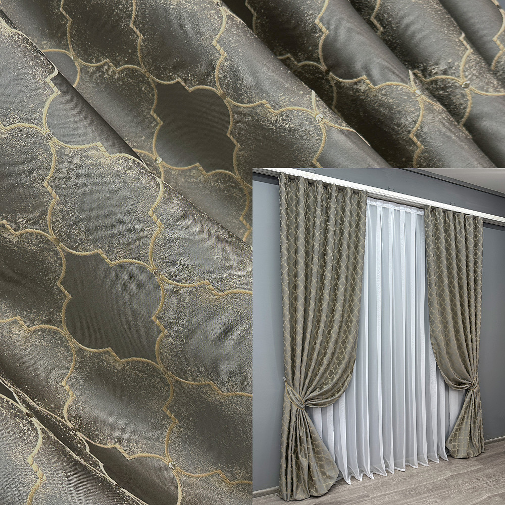 Комплект готовых штор VR-Textil Жаккард SAPFIR № 1755ш Серый с бежевым 150х300 см 2 шт (33-0711) Киев - изображение 1