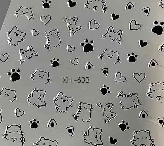 Наклейки на ногти котики черно-белые 1 лист, слайдер дизайн для маникюра, наклейки лапки сердечки kawaii Киев