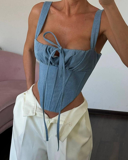 Жіночий стильний романтичний корсет з акцентом на талію стрейч+гіпюр Синій, 46/48 Одеса - фото 1