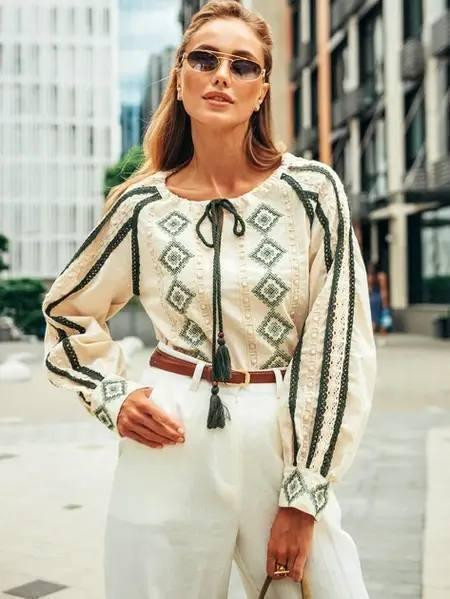 Женская современная вышиванка с традиционным орнаментом домотканый лен 44 Одесса - изображение 1