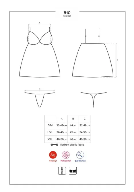 Сатиновий пеньюар з мереживом Obsessive 810-BAB-1 babydoll & thong L/XL, чорний, пеньюар, танга Львов - изображение 7