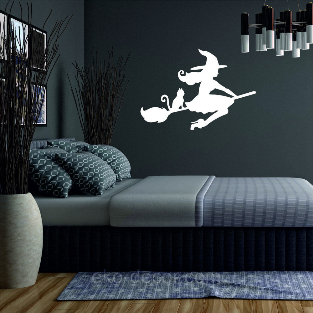 Декоративное настенное Панно «Ведьма на метле с котом», Декор на стену 90*63 см, Белый Киев - изображение 3