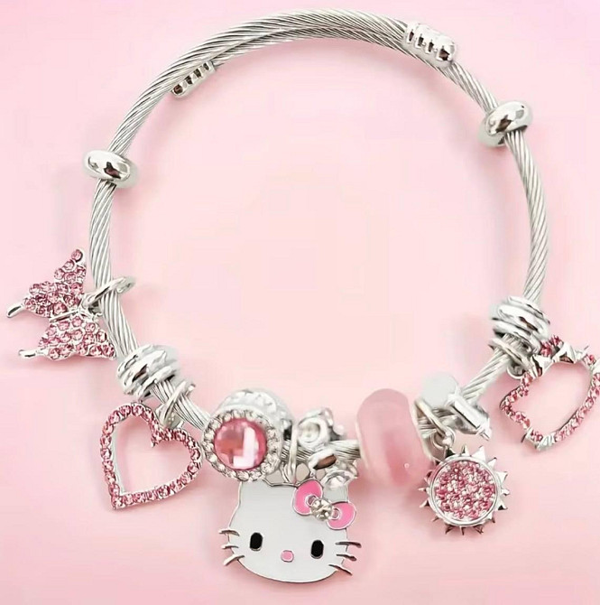 Набір прикрас для дівчинки: браслет і намисто з підвісками котик, серце, метелик (2 шт) Київ - фото 3