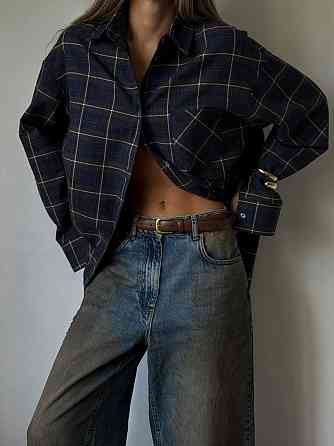 Жіноча трендова сорочка оверсайз у клітинку фланель Джинс Одеса