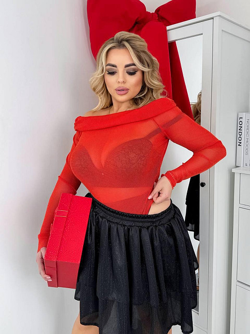 Женское привлекательное блестящее боди с открытыми плечами сетка с золотым напылением Красный, 46/48 Одесса - изображение 2