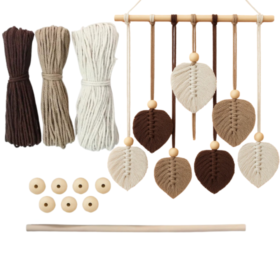 Набір макраме для ручного в'язання гобелена настінного декору «Листя» 37х30см, для рукоділля коричнево-бежевий Кам'янець-Подільський