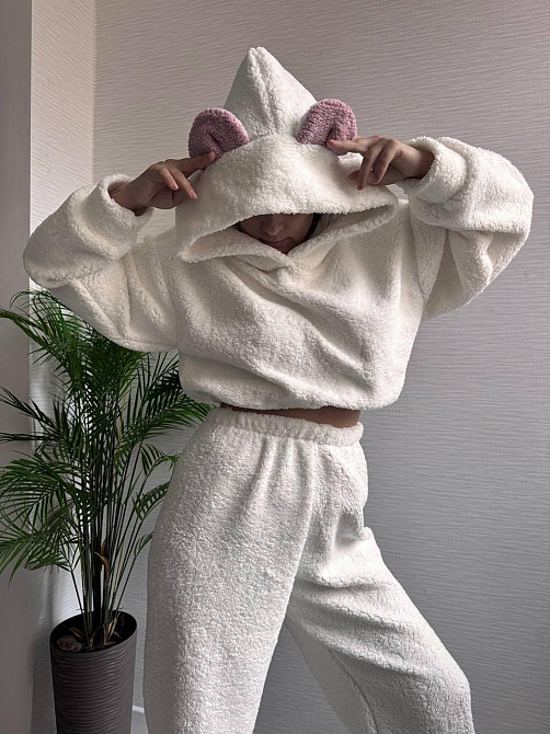 Жіноча стильна домашня плюшева піжама з вушками хутро тедді Одеса - фото 9