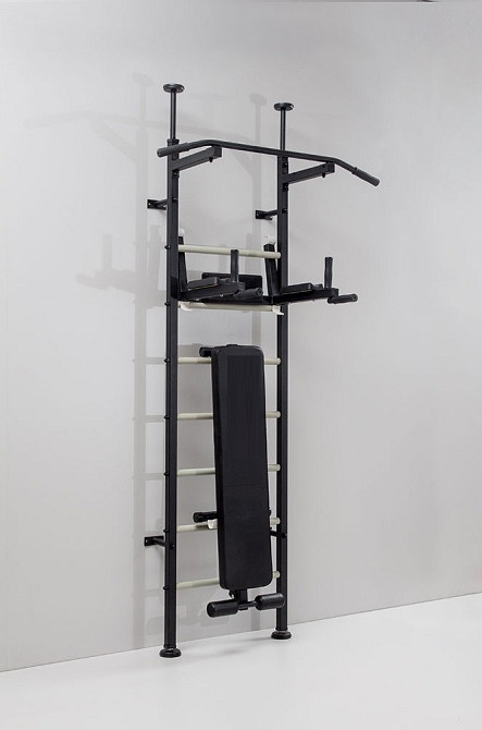 Шведская стенка для взрослых и детей металлическая черная с турником брусьями крепление под штангу лавка Каменское - изображение 2