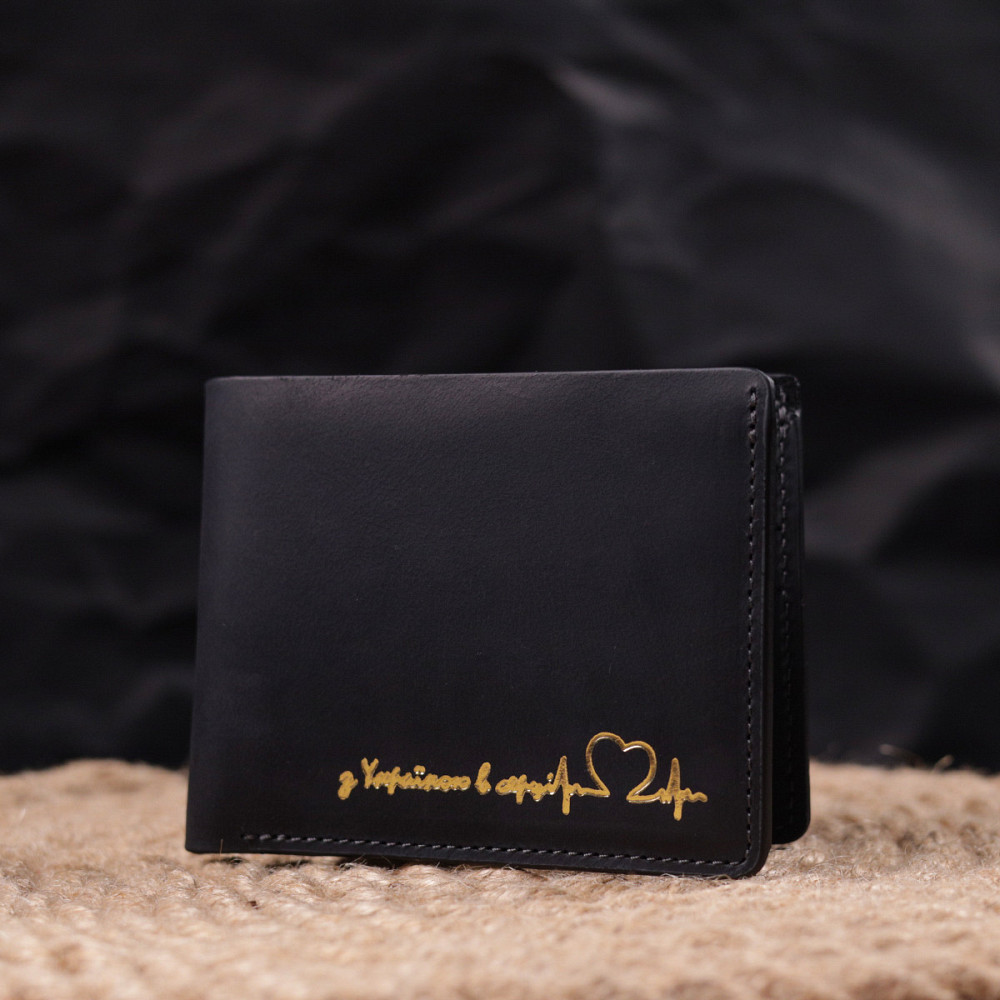 Практичный кожаный кошелек в два сложения Черный (GRANDE PELLE) Киев - изображение 2