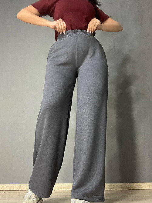 Штани жіночі CREP 82171 палаццо на резинці з кишенями вільні від стегна біфлекс графіт, графіт, S Київ - фото 18