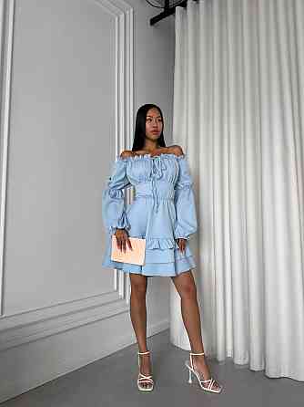 Женское стильное мини платье с воланами креп костюмка Голубой, 44/46 Одесса