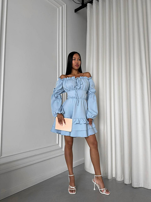 Женское стильное мини платье с воланами креп костюмка Голубой, 44/46 Одесса - изображение 1
