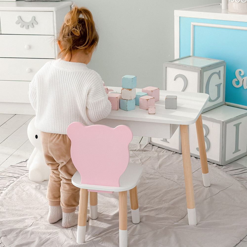 Стол прямоугольный с ящиком 46х60х45 и стул мордочка медвежонка 26х26х24, столик и стульчик для детской комнаты, белый с розовым Киев - изображение 5
