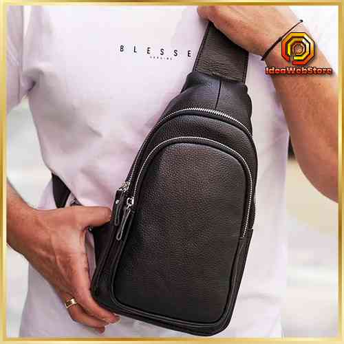 Чоловіча стильна сумка слінг чорна через плече з натуральної шкіри Київ